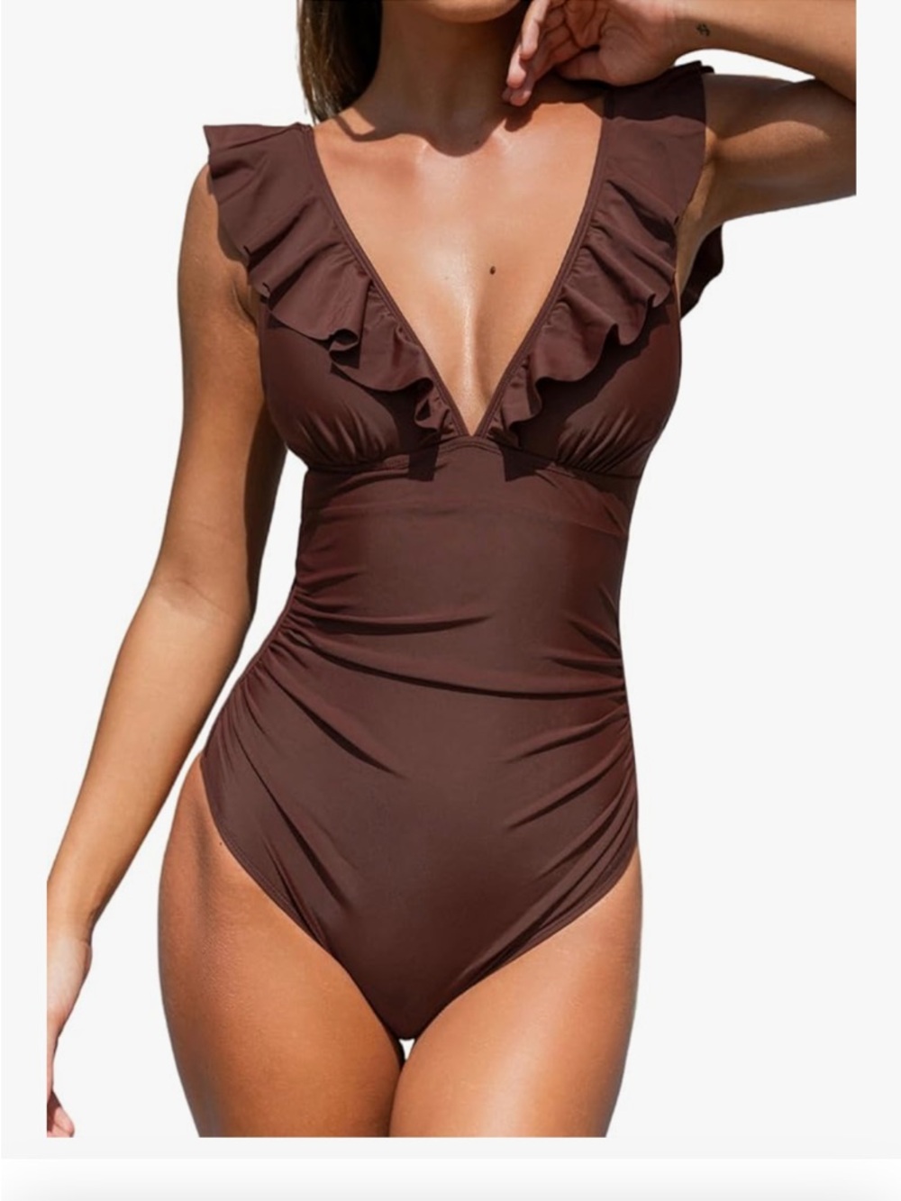 Cupshe Large Ruffled Deep V One-Piece Swimsuit in Chocolate Brown
